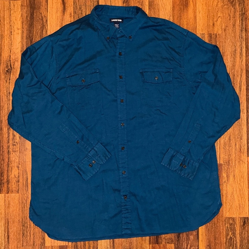 Lands End Mens 2XL Tall Teal Blue Flannel Button Down Shirt Traditional Fit 0322